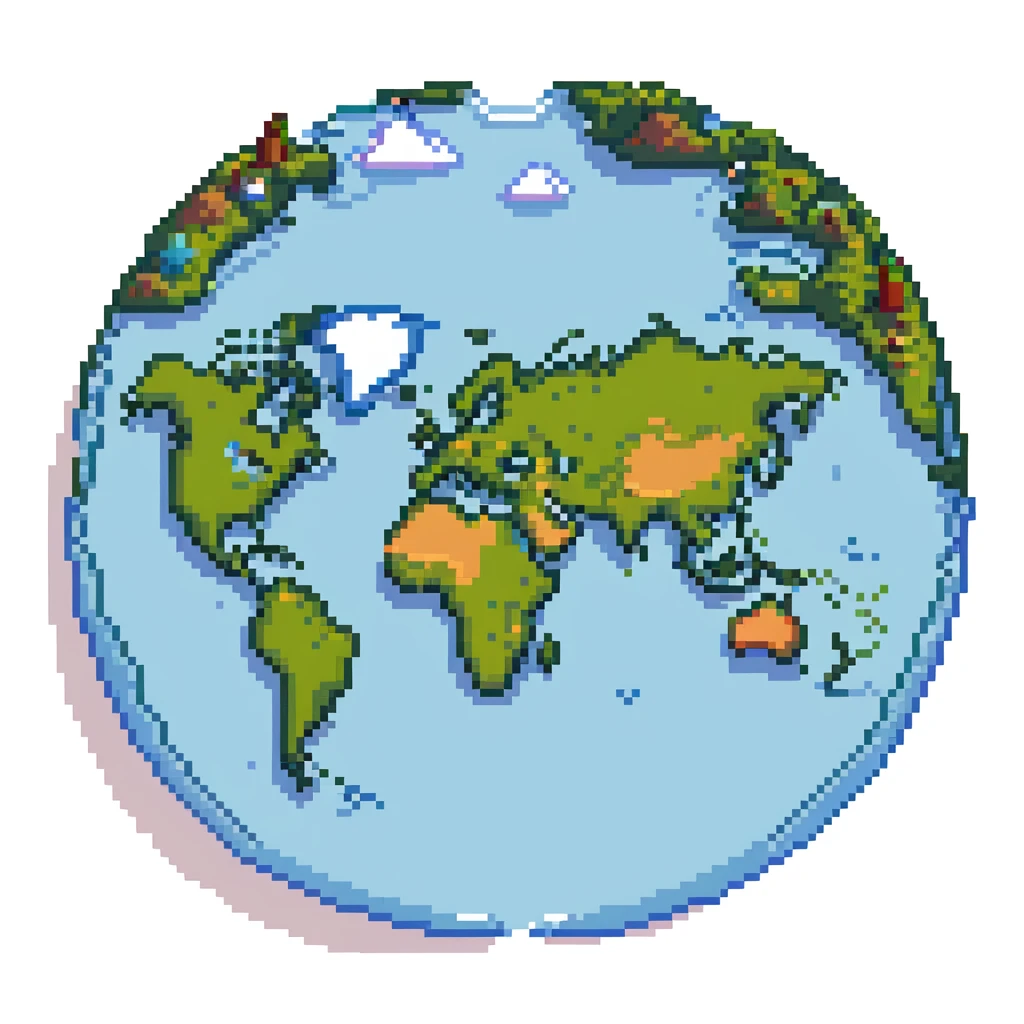 pixel art world map with a dotted route line showing travel path emoji