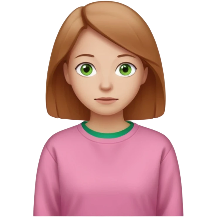 Una donna con una felpa semplice rosa, senza cappuccio. i capelli sono lunghi fino alle spalle marroni chiaro,gli occhi sono verdi e la bocca è contenta ma non sorride emoji