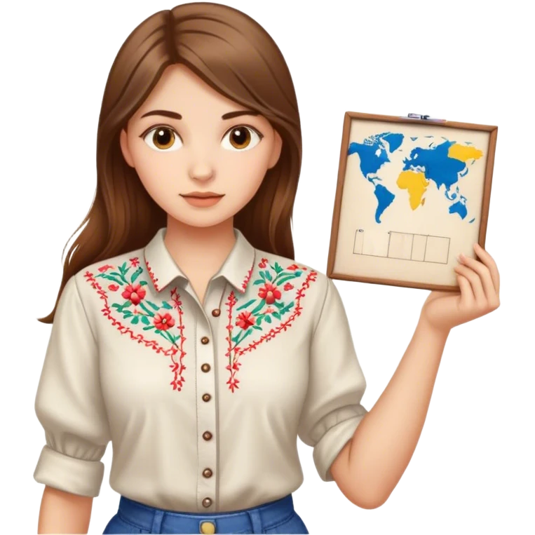 A Ukrainian girl with brown hair in an embroidered shirt holds a diagram emoji