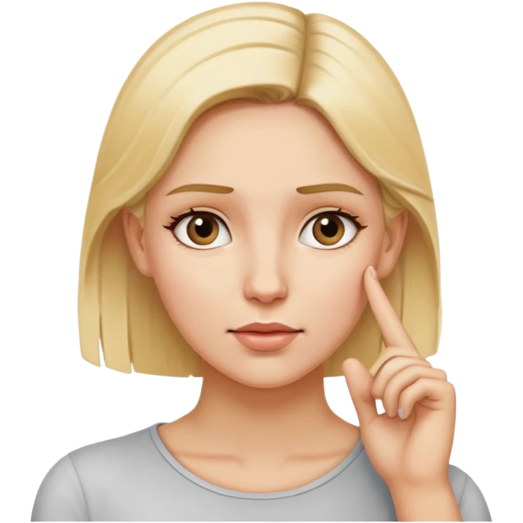 blond woman with a finger touching head above her ear to show she is thinking emoji