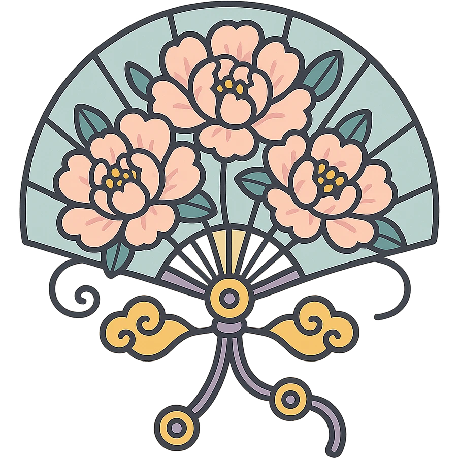 Chinese fan with peonies, curved cords and decorative elements, high detail, complex shadows and highlights, thin clean outlines, soft rounded shapes, pastel palette #98B5BC, #B5B3C1, #C9A3C9, #E4C0CA, #F7DCD1, #F7C0AA, modern Japanese pop art and sticker aesthetic, soft lighting, transparent background emoji