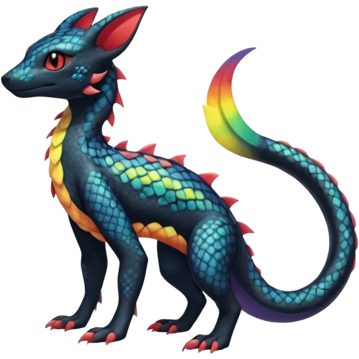 Rainbow Scaley Exotic Salandit-Aurorus-Umbreon-Fakémon-hybrid-creature (full body), 4 legs emoji