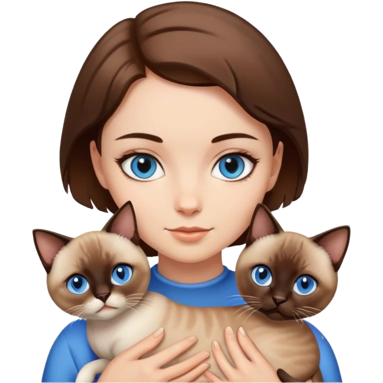 a white girl with brown short hair and brown eyes holding a siamese cat with blue eyes emoji