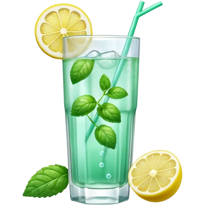 A 3D cartoon transparent glass with sparkling lemon mint drink, bubbles, mint leaves and lemon slice, clear ice, realistic condensation, Memoji-style detail. emoji
