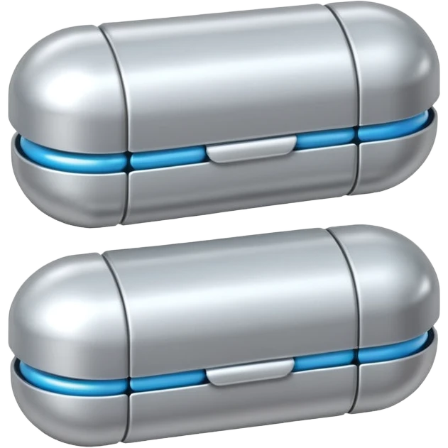 capsule pill emoji, metallic silver halves, smooth glossy finish, futuristic pharmaceutical 3D icon, isolated on white emoji