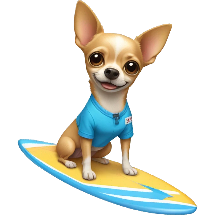 Chihuahua on a surfboard wearing blue shorts. emoji