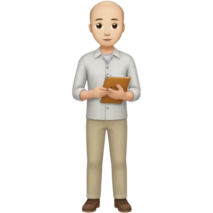 man, mid 30's shirt and trousers balding hairline, full body, standing, holding a clipboard emoji