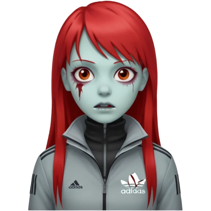 Crie um emoji de uma menina zumbi  com o cabelo vermelho longo com uma franja reta casaco de gola alta da adidas emoji