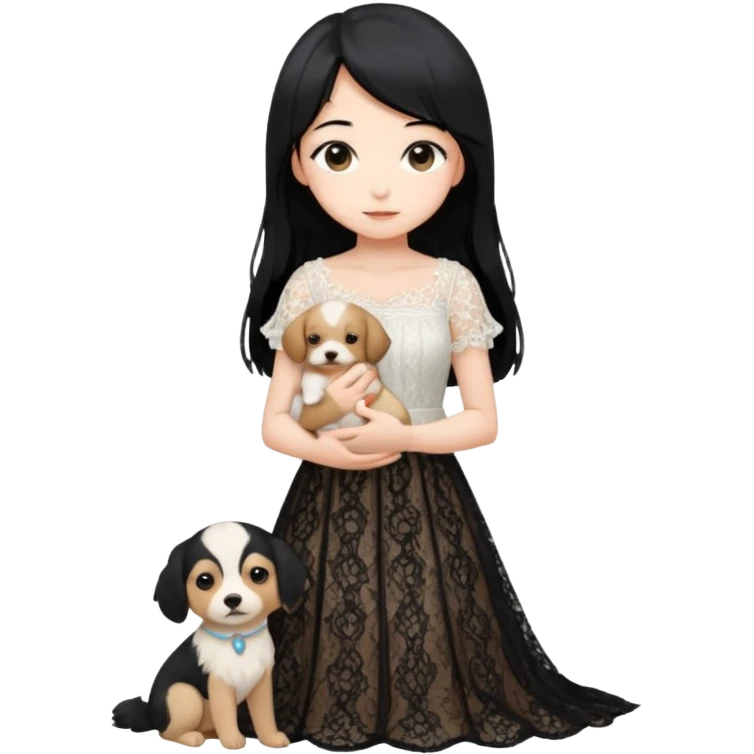 Pastel anime lady long hair with long lace dress full body holding puppy emoji