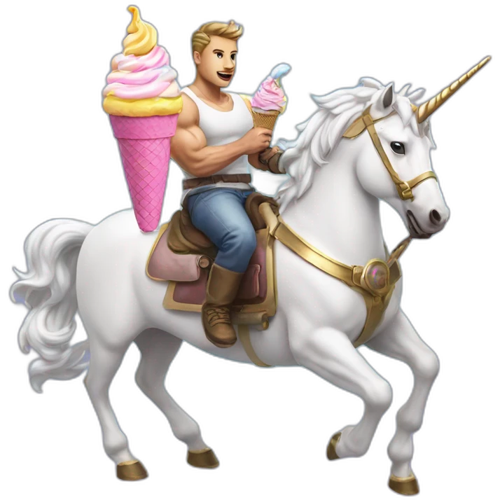 Strong man, machine gun, flying on a unicorn eating ice cream with a unicorn hat on with 500 kids emoji