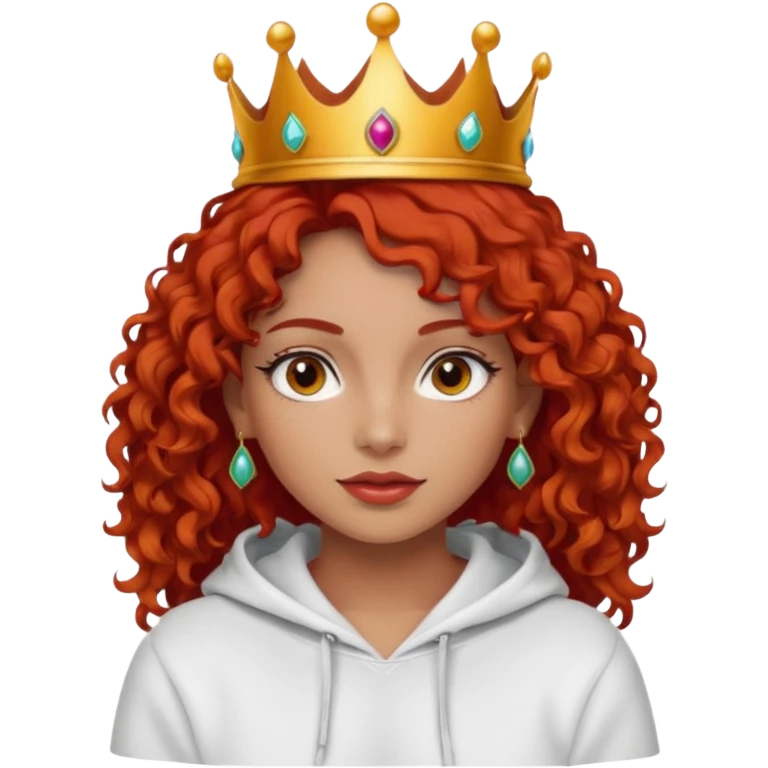 
Slim girl with a fine face, dark and tanned skin, medium-length curly tomato-red hair, dark eyes, medium-thick eyelashes, and a crown and earrings, wearing a white hooded sweatshirt. emoji