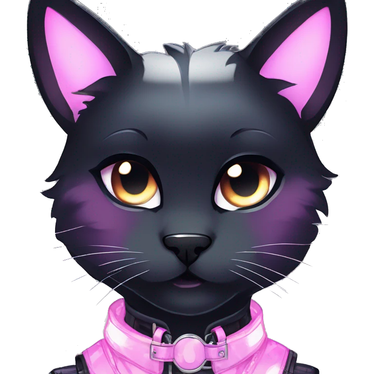 Gorgeous sparkly shiny gradient gothic dark techwear anime style anthro cat with blushing face aesthetic and pretty edgy black with collar and harness trending style emoji