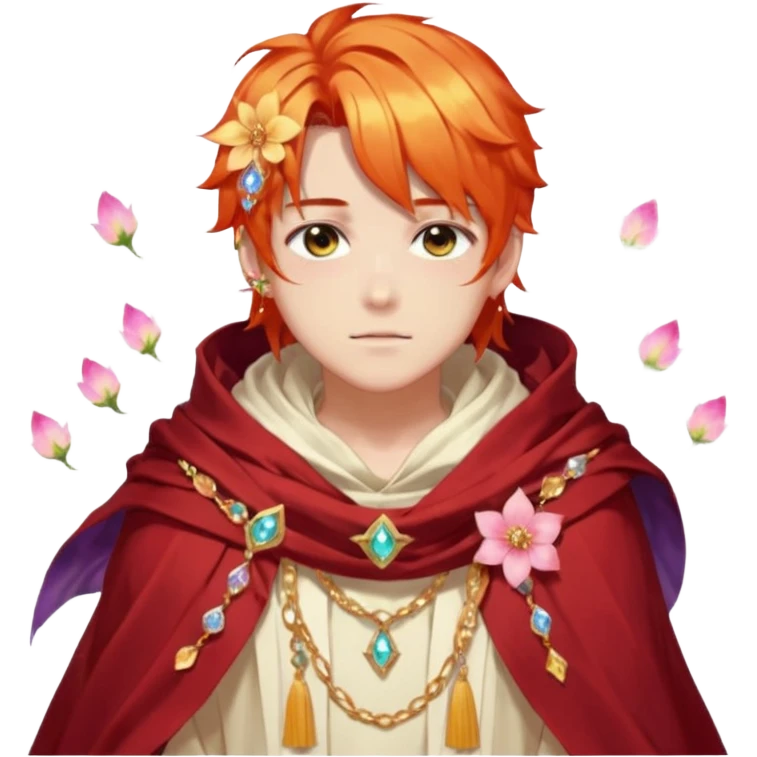 Beautiful gorgeous anime boy with beautiful fiery-special-medium-long-hair, fashion aesthetic, ethereal, fairycore, pastelcore, flower petals, crystals, layered robes, toga, cloak scarf, accessories, jewelries, gold, colorful, shiny, trending style, outside emoji