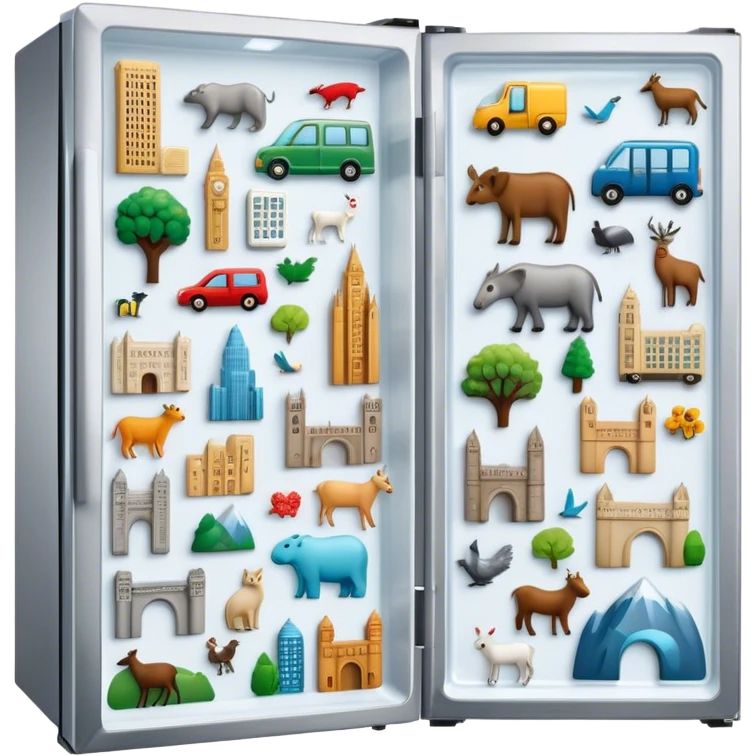 Icon for Magnet Collecting: a close-up of a fridge door covered with a variety of magnets, featuring cities, animals, symbols. The icon should highlight the diversity and charm of magnet collections. Transparent background. emoji
