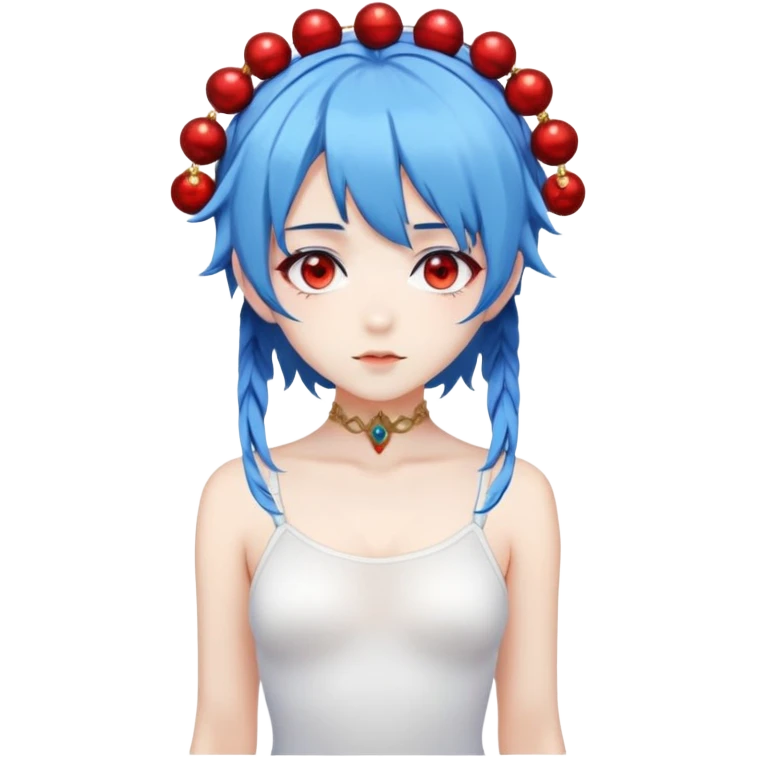 blue haired anime girl with red eyes, two dangly thangs on her head and a white bodysuit emoji
