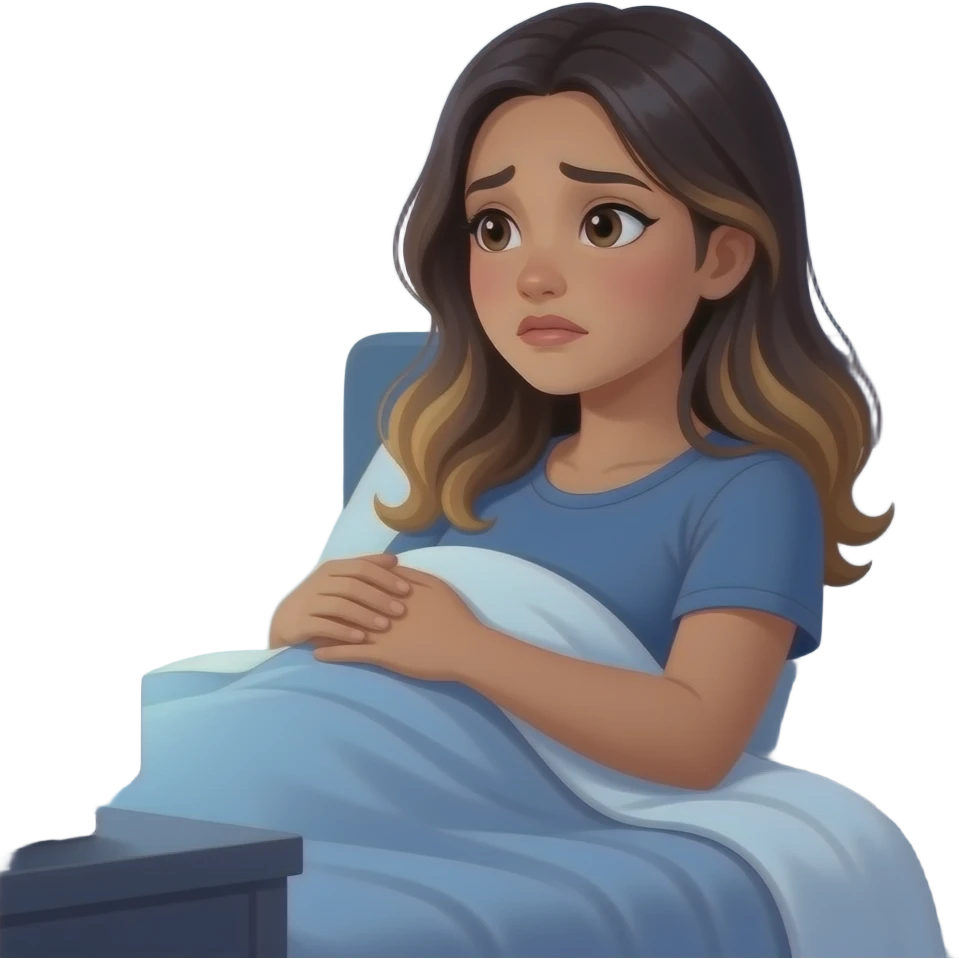 Beautiful Filipino woman beautiful eyes with long wavy hair balayage watching tv in bed under sheets holding blanket side view emotional night time emoji