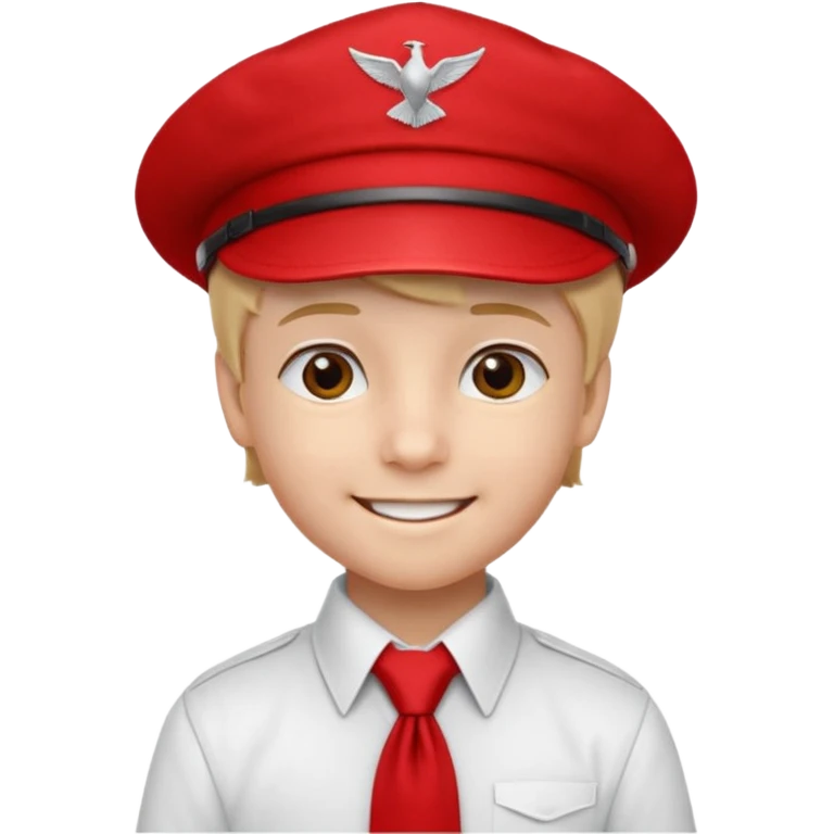 A Soviet pioneer emoji — smiling young boy wearing a white shirt with a bright red pioneer necktie and a classic red pilotka cap. The pilotka cap should fit closely to the head, without brims or side flaps, slightly folded at the top. not a cowboy hat. Flat, smooth 3D shading emoji