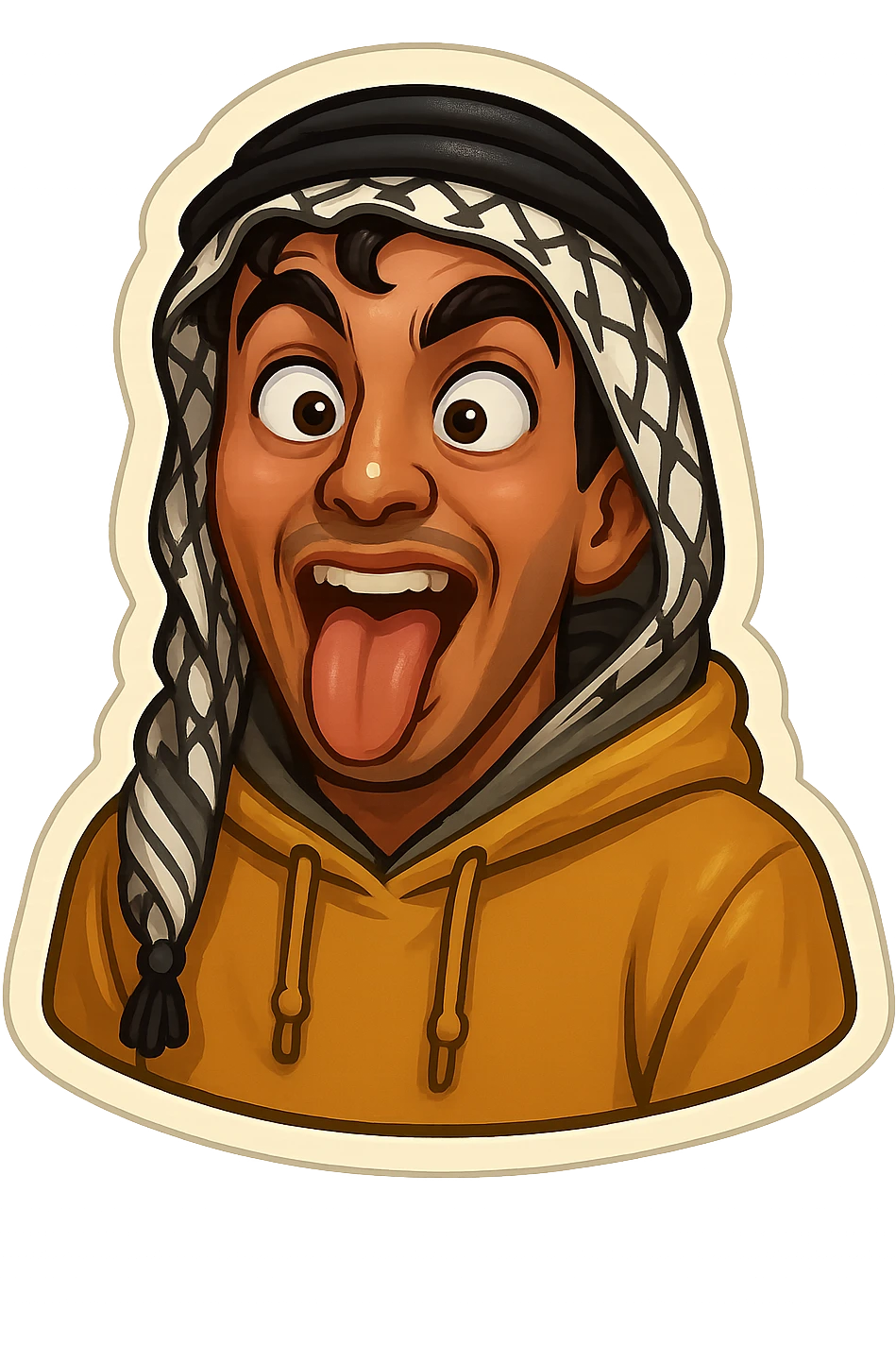 Ara, a young Arab man with medium brown skin, black hair, in casual Middle Eastern streetwear with keffiyeh scarf or hoodie, making a crazy face with tongue out, wild exaggerated facial expression, cartoonish, vibrant, bold, very expressive, emoji-style sticker emoji