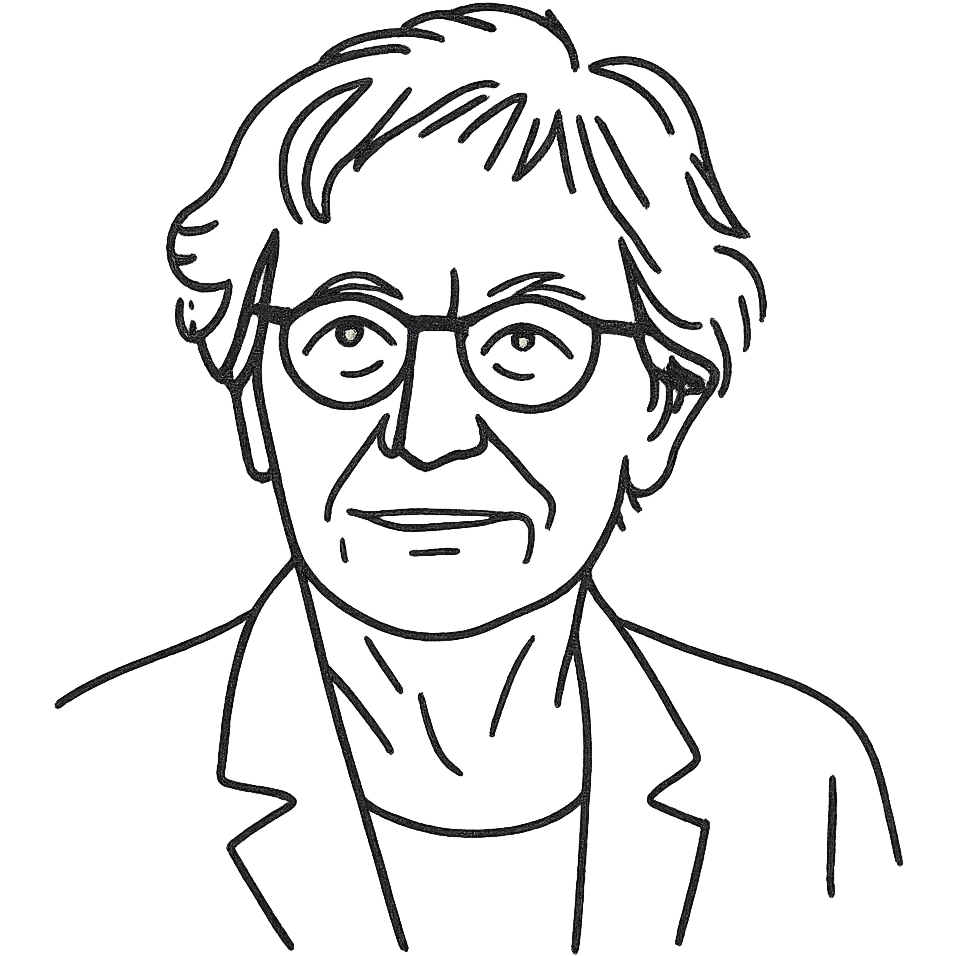 a hand drawn black outline portrait of philosopher Catherine Larrère based a famous portrait of her emoji