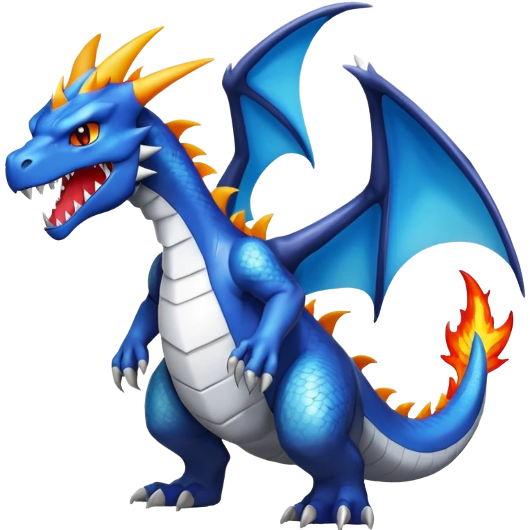 Black and white colorful gradient shiny glossy Fakémon-Digimon-Charizard-Croconaw-Reshiram-Zekrom-creature-hybrid (full body) emoji