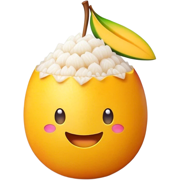 Cinematic Realistic Mango Sticky Rice Dessert Emoji, showcasing sweet sticky rice paired with ripe mango slices and coconut milk rendered with lifelike detail and warm, inviting lighting. emoji
