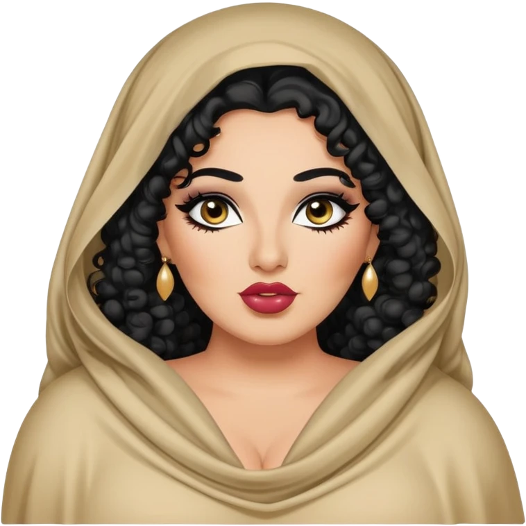 big plus size, arab, long black curly hair, baddie,pretty, makeup, lipgloss, black eyeliner, veil/shawl
 emoji