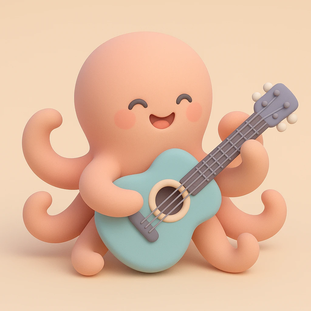 happy octopus with multiple arms playing guitar emoji