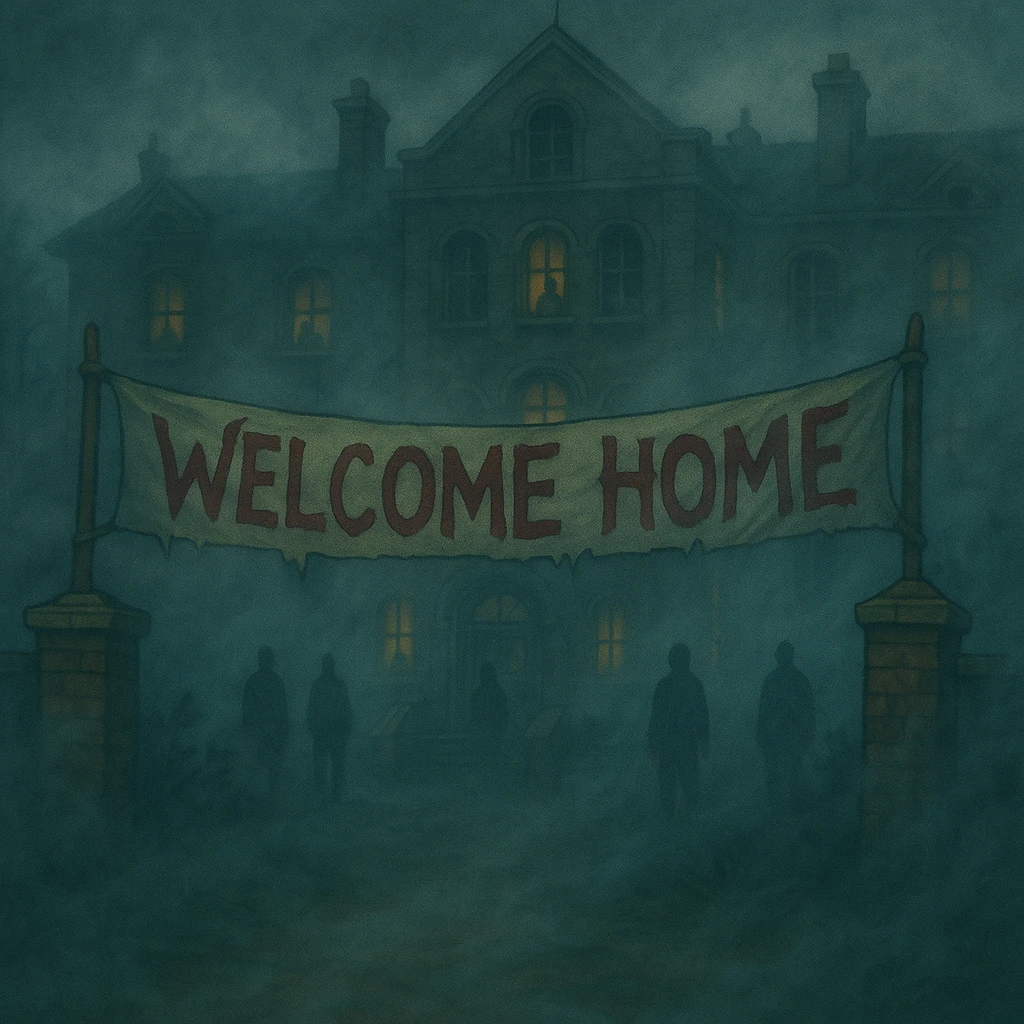 Add thick fog and swirling mist throughout the scene to enhance the creepy atmosphere, keep all other details unchanged. emoji