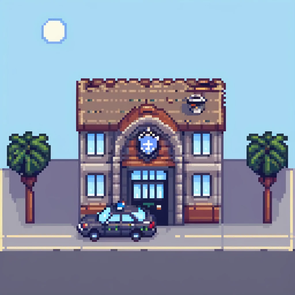 detailed police station building with police car parked outside, pixel art style emoji