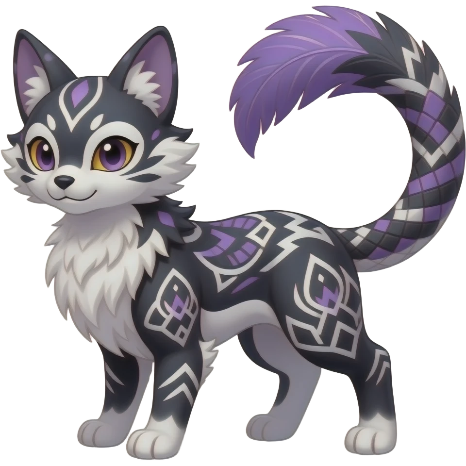 Oriental Asian Furry, tribal-marked-patterned feathery fluffy tropical flecked painted feathery scaly, Purple, white, black, Minccino-Bambino-Lykoi-Linoone-Zangoose-fusion-hybrid-animal-Fakémon-creature, full body, thin long sleek scaly tail, intricate markings emoji