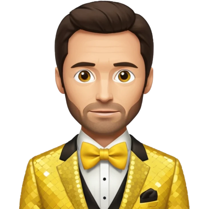 Hugh Jackman with dark brown hair, yellow sequin suit with bow tie emoji