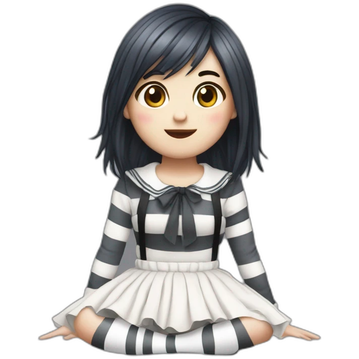 Hyperrealistic Frontal view curvy emo girl sits white skirt striped stockings hands up emoji