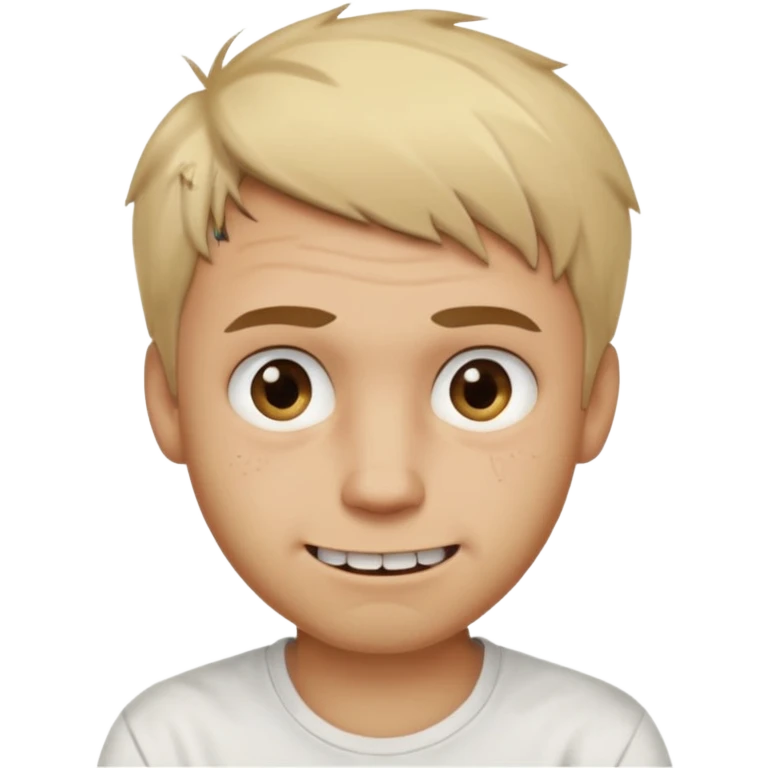 Male with short, messy blonde hair, large expressive golden-brown eyes, light brown skin, subtle facial bruises and scratches, crooked smile showing slightly damaged teeth, wearing a plain white t-shirt, friendly but creepy expression.
 emoji