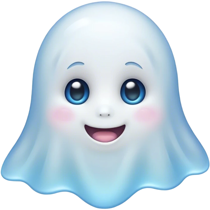 Cinematic Cute Ghost Portrait Emoji, with a playful, rounded translucent form in soft pastel whites and blues, featuring large, sparkling eyes and a gentle, mischievous smile, simplified yet irresistibly endearing, highly detailed with a soft glowing outline that captures the charm of a friendly spirit ready to float into your heart! emoji