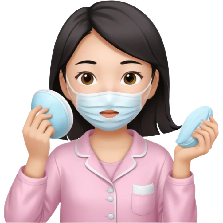 angelic asian girl doing skin care in baby pink pajamas, applying mask to her face emoji