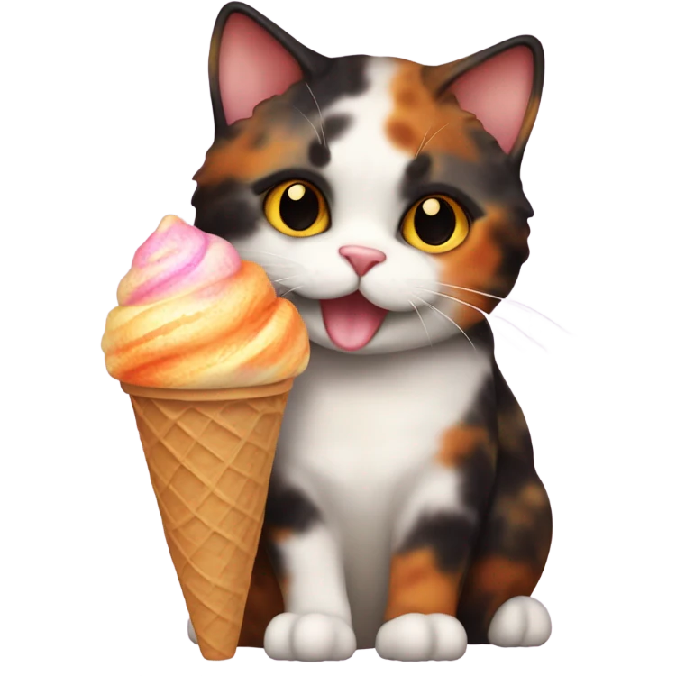 Cute fat tortoiseshell cat eating ice cream emoji