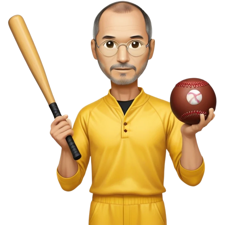 Steve Jobs wearing Bruce Lee's yellow jumpsuit, holding a baseball bat and ball emoji