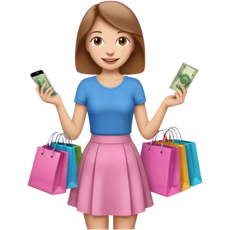 Девушка со светлыми русыми волосами счастливая в розовой юбке с пакетами из магазинов с одеждой в руках и деньгами  emoji