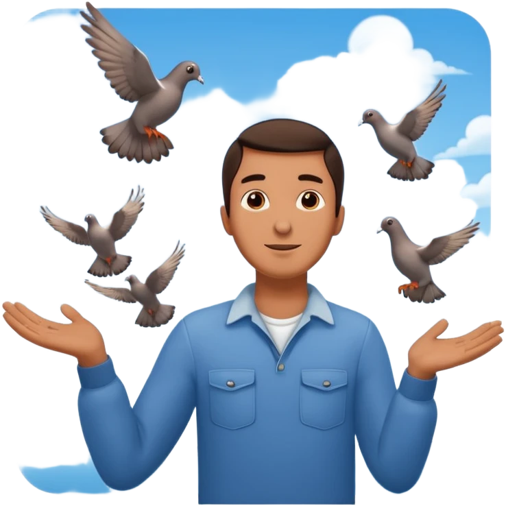 man open arms looking at a flying pigeon emoji