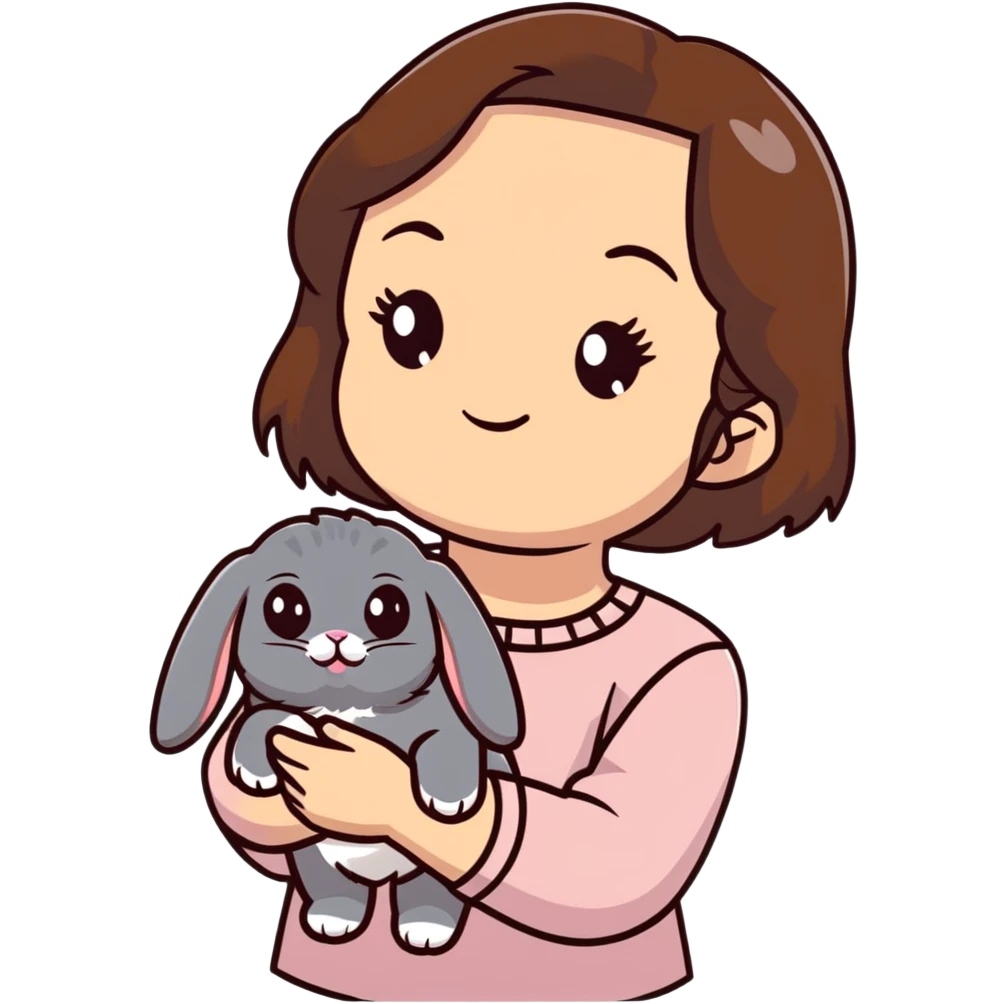 brunette chinita girl holding a brown holland lop rabbit, gray persian cat, and black kitten emoji