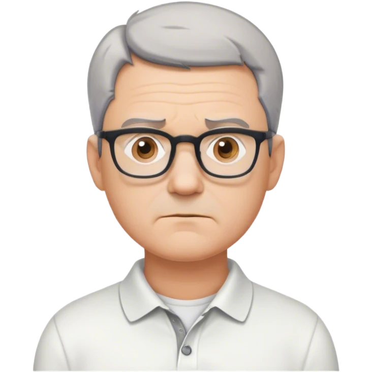 "Create an emoji of a middle-aged man with short gray hair, glasses, and a neutral expression. He is wearing a white polo shirt and has a slightly serious look. The background is minimal or plain." emoji
