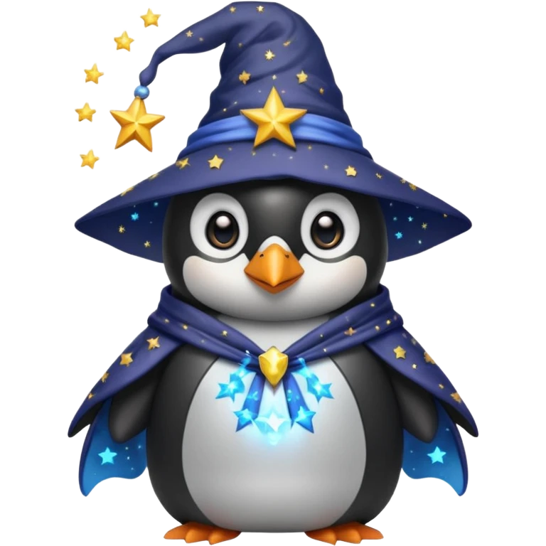 penguin wizard with a starry robe glowing eyes emoji