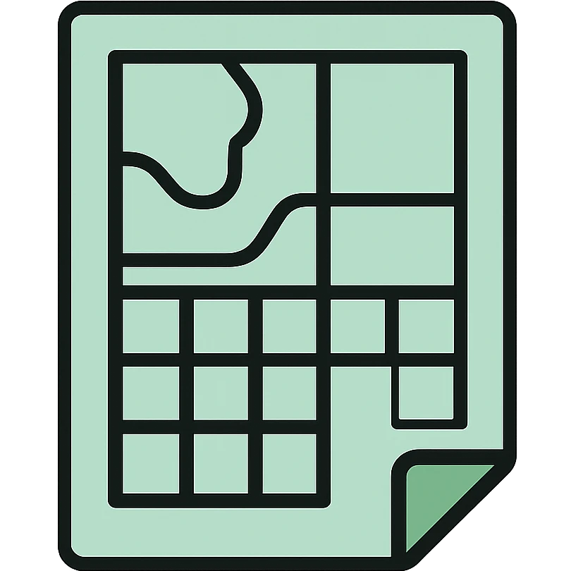 Skeuomorphic zoning document icon with mint green #B5F4D3 and black #111111 color scheme, showing a detailed map with zoning areas and grid, clean symmetric design with subtle depth and soft light emoji