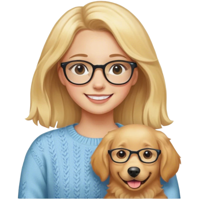 Smiling Caucasian blonde girl in sweater with glasses with smiling golden retriever emoji