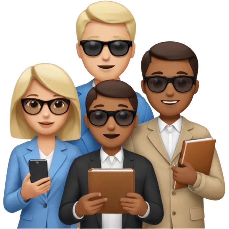 Команда в костюмах из трёх человек. на переднем палне Мужчина впереди общается по смартфону, дальше женщина слева стоит с ноубуком, мужчина справа держит бумаги. У всех людей разные, но позитивные эмоции. Все троя в солнцезащитных очках emoji