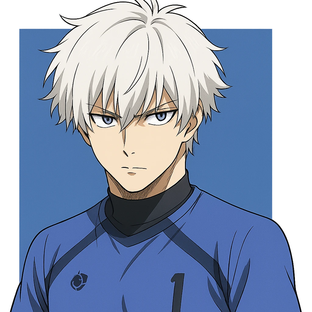 Nagi Seishiro from Blue Lock, anime style, close-up portrait, white hair, focused eyes, blue background emoji
