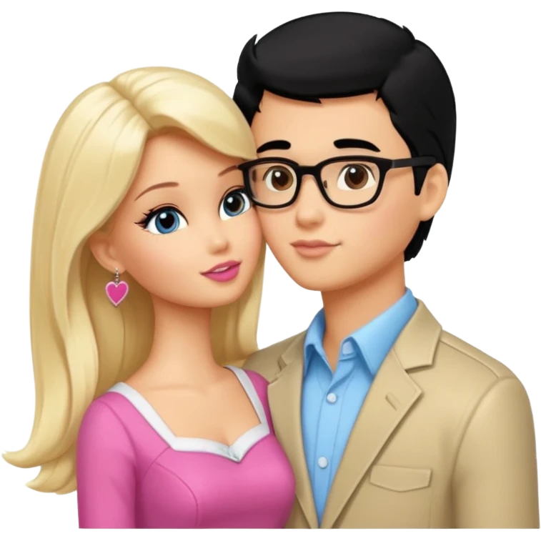 pretty light blonde girl barbie kissing boy nerd with black hair and tan skin on the cheek emoji
