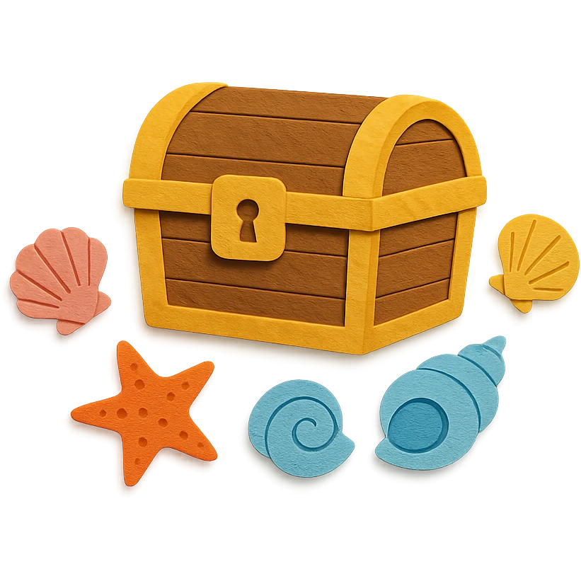 closed treasure chest with a lock, surrounded by seashells and starfish in paper-craft style emoji