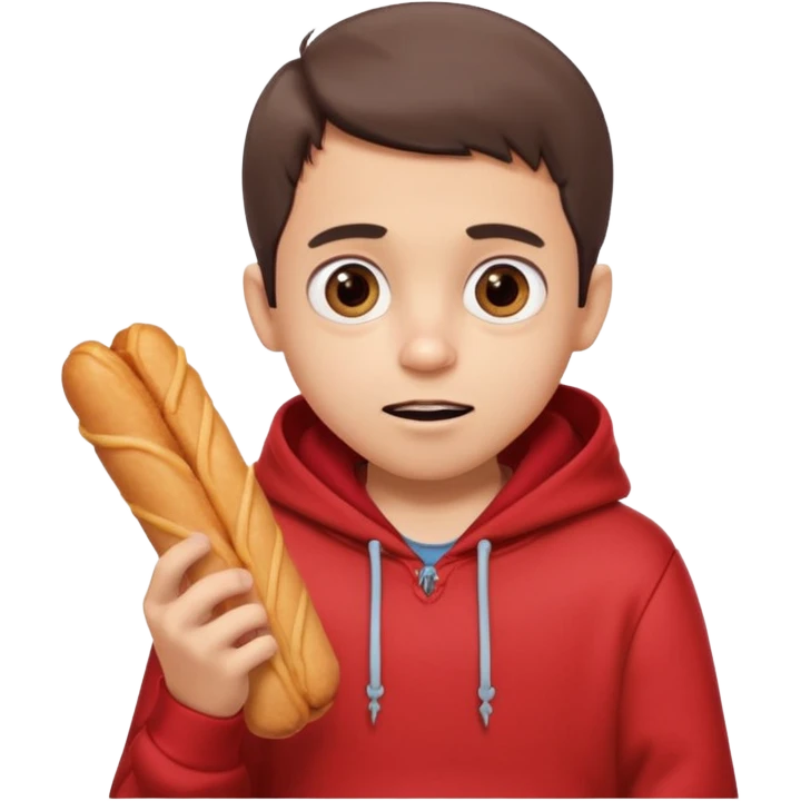ute funny Spanish cartoon boy named Peque Tito, red hoodie, denim shorts, big expressive eyes, holding a churro, Pixar-style, viral character.” emoji