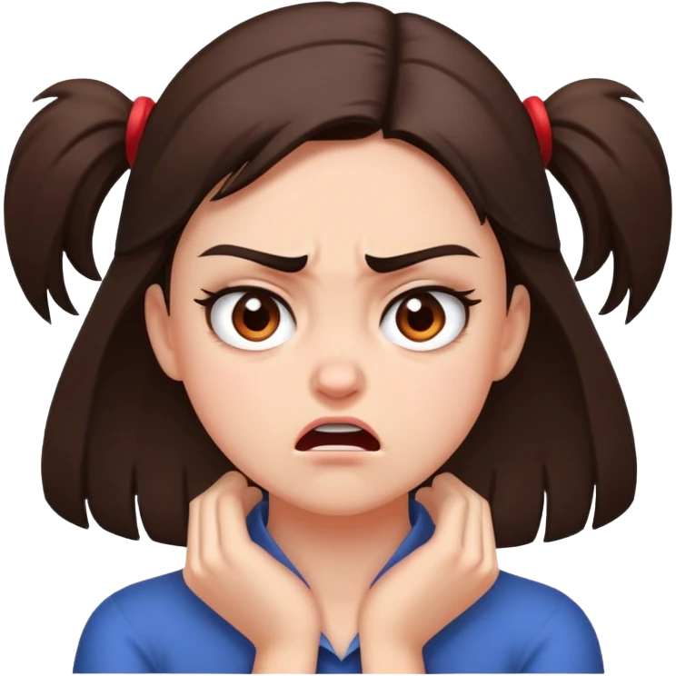 a brunette girl that has both of her hands on the front of her neck angry emoji